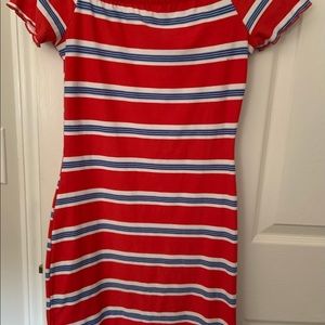 Poly spandex red and white off the shoulder mini dress.